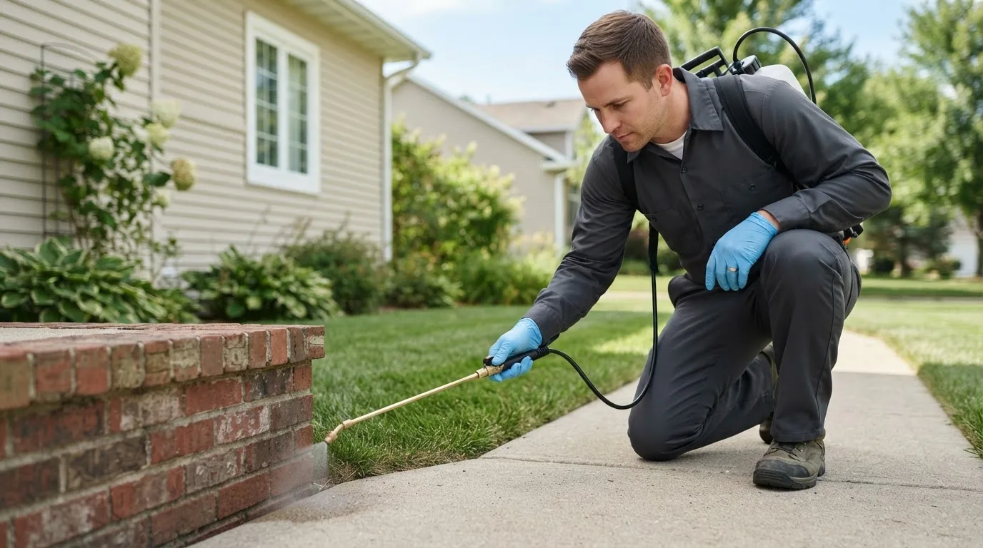 Pest control technician treating a home near Hackett, AR