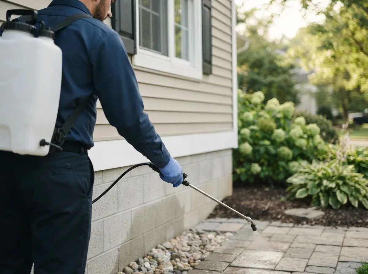 Pest control technician inspecting a home in Hackett, AR